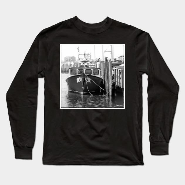 Fishing Boat  Docked in the Fog at Hall's Harbour Long Sleeve T-Shirt by kenmo